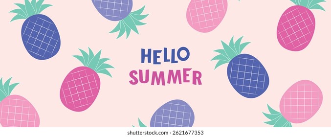 Hello summer - advertising horizontal web banner. Geometric minimalistic abstract illustration with pink and purple pineapples on beige background. Vector illustration in flat style.