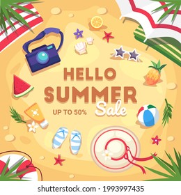 Hello summer. Aerial view of beach With swimming ring, sand, leaf, star fish, ball, camera, sombrero, pineapple, watermelon and slipper. Creative background of beach sea and typo. Vector illustration