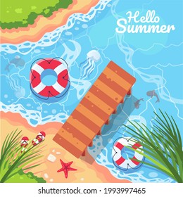 Hello Summer. Aerial view of the bridge jutting into the sea The water is so clear that you can see aquatic animals such as fish and jellyfish. A buoy in the water The beach is shaded by green trees