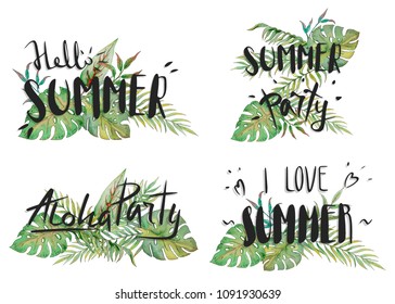 Hello summer, Aloha Party, I love summer, summer party. Summer lettering and tropical plants, palms