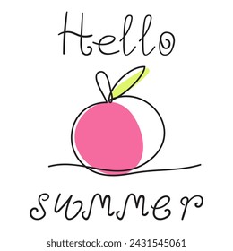 Hello summer. Apple. Fruit. One line art design style. Vector illustration design on white background.