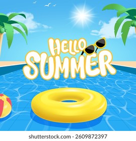 Hello summer aquatic pool with yellow swim ring in sunny background
