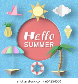 Hello Summer Art Background. Paper Applique Symbols, Sign and Objects with Text illustrate the Greeting of the Summertime. Template for Banner, Card, Logo, Poster, Label. Design Vector Illustrations.
