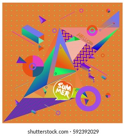 "Hello Summer." aVector of triangle geometric design. Modern and memphis style banner abstract backgrounds for poster, message presentations or identity layouts.