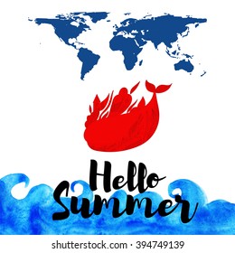 Hello Summer- Awesome hand drawn whale  in vector. Lovely card in stylish colors with lettering -stock vector