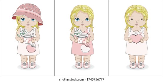 Hello summer baby blonde girl in summer dress with gift. Picture in hand drawing cartoon style, for Happy birthday greeting card, postcard. baby shower. party invitation.																		
