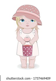 Hello summer baby girl in summer dress, hat and bucket,. Picture in hand drawing cartoon style, for greeting card, postcard. baby shower. party invitation.																		
