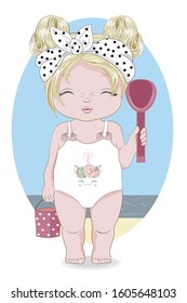 Hello summer baby girl in Swimsuit with unicorn. Picture in hand drawing cartoon style, for greeting card, postcard. baby shower. party invitation.																		
