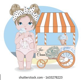 Hello summer baby girl in Swimsuit with elephant and ice cream Stand. Picture in hand drawing cartoon style, for greeting card, postcard. baby shower. party invitation.																		
