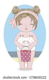 Hello summer baby girl in Swimsuit in elephant. Picture in hand drawing cartoon style, for greeting card, postcard. baby shower. party invitation.					