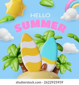 Hello Summer background in a 3d cute plastic style with surfboards and palm trees on a tropical sand beach. Vector banner design.
