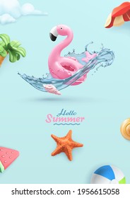 Witam lato tło. 3D wektor realistyczna ilustracja. Flamingo nadmuchiwana zabawka, rozgwiazda, plusk wody