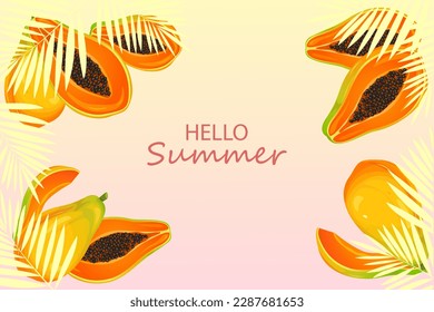 Hello summer background with abstract palm leaves and papaya.Vector illustration.