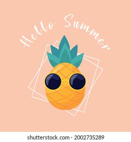 Hello summer. Summer background banner with cartoon pineapple in sunglasses. 