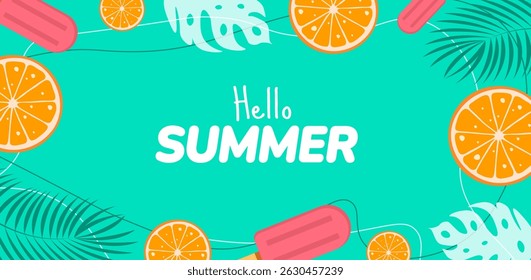 Hello Summer background or banner design template. Summer Treats Banner with Ice Cream and Orange Slices. Colorful Seasonal Design for a Refreshing Theme. Cheerful Seasonal Design with Vibrant Color.