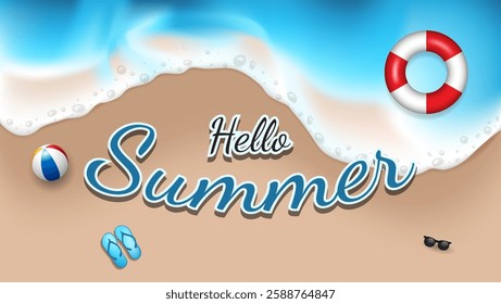 hello summer background with beach, ball, water buoy and flip-flops.