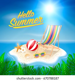 Hello summer background. Beach island background with beach chair, sunglasses, shell, flower, beach ball and starfish. Vector Illustration.
