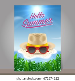 Hello summer background. Beach island background with sunglasses and straw hat. Design for poster, voucher discount, invitation card, backdrop and template design. Vector illustration.