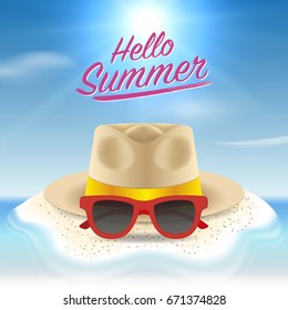Hello summer background. Beach island background with sunglasses and straw hat. Design for invitation card, voucher discount, backdrop and template design. Vector illustration.