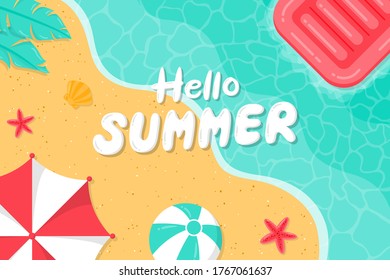 Hello summer background with beach. Summer background on the beach with umbrellas, beach balls and inflatable floating beds.