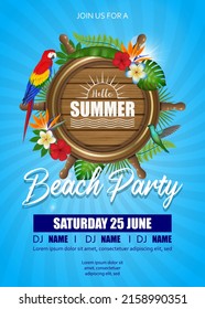 hello summer background. beach party poster with wooden ship wheel and tropical leaves