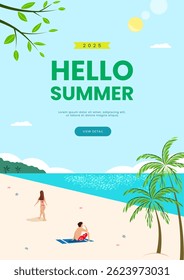 Hello summer background with beach scene illustration
