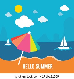 Hello summer background with beach sea,sailboat and cloud blue sky elements