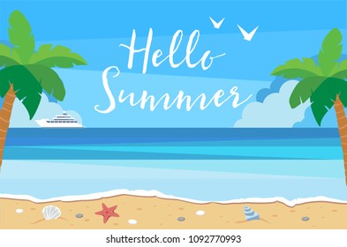 Hello summer background with beach view, sand, sea shells, sea star, palms. Vector illustration design template