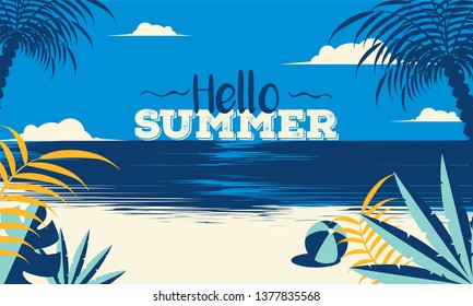 Hello Summer background with beautiful beach view. Can be used as banner or poster design.