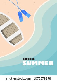 Hello summer background, boat on the sea,  top view of beach in summer, holidays concept, vector illustration.