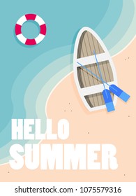 Hello summer background, boat on the sea,  top view of beach in summer, holidays concept, vector illustration.