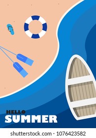 Hello summer background, boat on the sea,  top view of beach in summer, holidays concept, vector illustration.