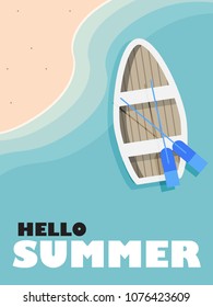 Hello summer background, boat on the sea,  top view of beach in summer, holidays concept, vector illustration.