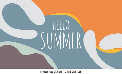 HELLO SUMMER BACKGROUND BRIGHT ABSTRACT HANDDRAWN SHAPE FLAT PASTEL COLORFUL DESIGN VECTOR. GODD FOR FLYER, BANNERS, PRINT, WEBSITE, WALLPAPER, COVER DESIGN, GREETING CARD