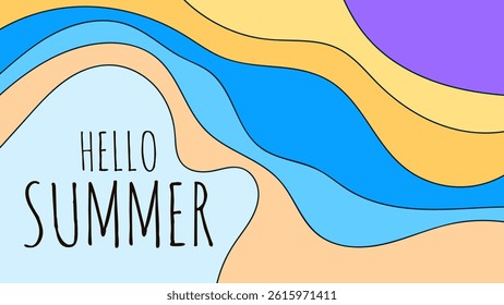 HELLO SUMMER BACKGROUND BRIGHT ABSTRACT HANDDRAWN SHAPE FLAT PASTEL COLORFUL DESIGN VECTOR. GODD FOR FLYER, BANNERS, PRINT, WEBSITE, WALLPAPER, COVER DESIGN, GREETING CARD