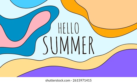 HELLO SUMMER BACKGROUND BRIGHT ABSTRACT HANDDRAWN SHAPE FLAT PASTEL COLORFUL DESIGN VECTOR. GODD FOR FLYER, BANNERS, PRINT, WEBSITE, WALLPAPER, COVER DESIGN, GREETING CARD