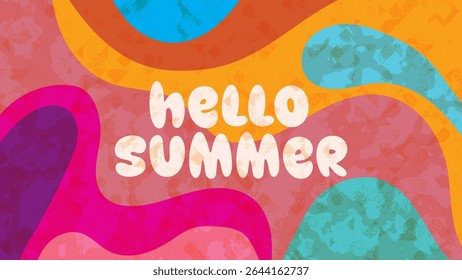 HELLO SUMMER BACKGROUND BRIGHT ABSTRACT FLAT COLORFUL WITH GRUNGE DESIGN VECTOR. GODD FOR FLYER, BANNERS, PRINT, WEBSITE, WALLPAPER, COVER DESIGN, GREETING CARD