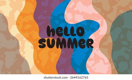 HELLO SUMMER BACKGROUND BRIGHT ABSTRACT FLAT COLORFUL WITH GRUNGE DESIGN VECTOR. GODD FOR FLYER, BANNERS, PRINT, WEBSITE, WALLPAPER, COVER DESIGN, GREETING CARD