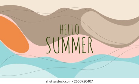 HELLO SUMMER BACKGROUND BRIGHT ABSTRACT HANDDRAWN SHAPE FLAT PASTEL COLORFUL DESIGN VECTOR. GODD FOR FLYER, BANNERS, PRINT, WEBSITE, WALLPAPER, COVER DESIGN, GREETING CARD
