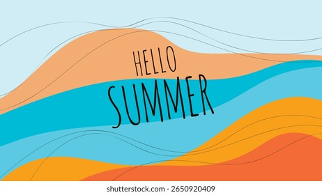 HELLO SUMMER BACKGROUND BRIGHT ABSTRACT HANDDRAWN SHAPE FLAT PASTEL COLORFUL DESIGN VECTOR. GODD FOR FLYER, BANNERS, PRINT, WEBSITE, WALLPAPER, COVER DESIGN, GREETING CARD