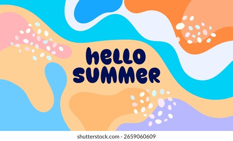 OLÁ VERÃO PLANO DE FUNDO BRILHANTE ABSTRATO FORMAS DESENHADAS À MÃO PLANO PASTEL COLORIDO DESIGN VETOR. DEUS PARA FOLHETO, BANNERS, IMPRESSÃO, SITE, PAPEL DE PAREDE, DESIGN DE CAPA, CARTÃO DE SAUDAÇÃO