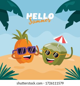 hello summer background, cartoon of pineapple and coconut with happy faces. perfect for background or print.