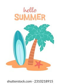 hello summer background, cartoon print with palm tree island, surfboard, starfish and text, flat design