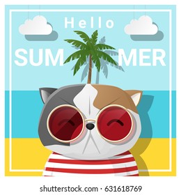 Hello summer background with cat wearing sunglasses , vector , illustration