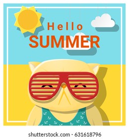 Hello summer background with cat wearing sunglasses , vector , illustration