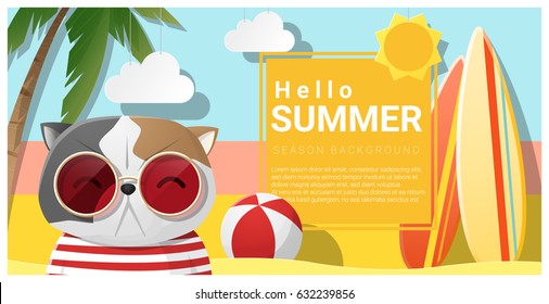 Hello summer background with cat wearing sunglasses , vector , illustration