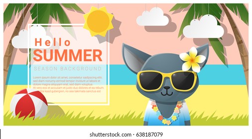 Hello summer background with cat wearing sunglasses , vector , illustration