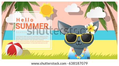 Hello summer background with cat wearing sunglasses , vector , illustration