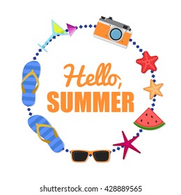 Hello, Summer  Background Circle. Vector Illustration. For Web, Poster, Logo