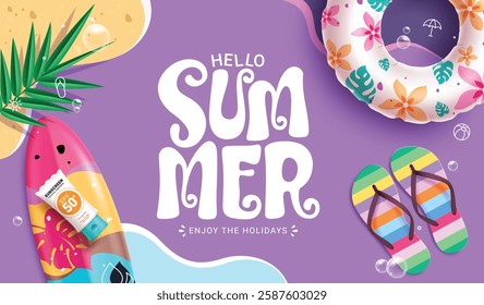 Hello summer background clipart banner design. Summer greeting text in purple abstract background with floaters, surfboard and flipflop tropical elements clip art holiday season poster template vector